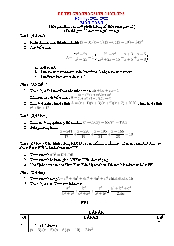 Đề thi chọn học sinh giỏi Toán Lớp 8 - Năm học 2021-2022 (Có đáp án)