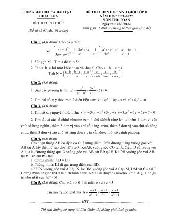 Đề thi chọn học sinh giỏi Toán Lớp 8 - Năm học 2021-2022 - Phòng GD&ĐT Thiệu Hóa (Có hướng dẫn chấm)