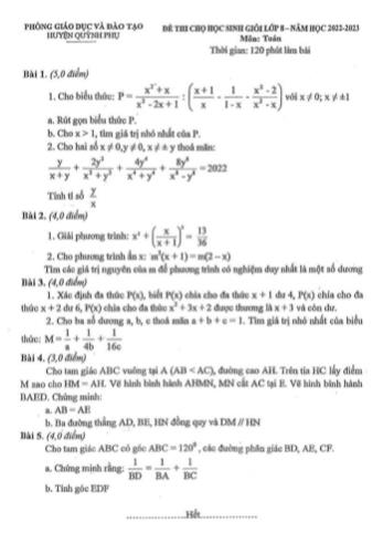 Đề thi chọn học sinh giỏi Toán Lớp 8 - Năm học 2022-2023 - Phòng GD&ĐT Quỳnh Phụ
