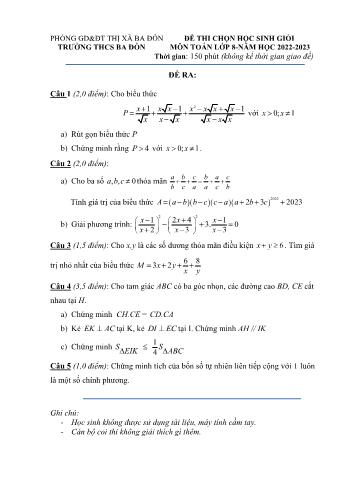 Đề thi chọn học sinh giỏi Toán Lớp 8 - Năm học 2022-2023 - Trường THCS Ba Đồn (Có hướng dẫn chấm)
