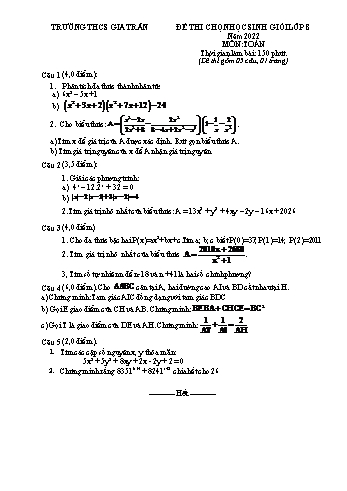 Đề thi chọn học sinh giỏi Toán Lớp 8 - Năm học 2022-2023 - Trường THCS Gia Trấn (Có hướng dẫn chấm)