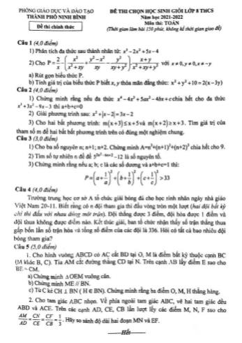Đề thi chọn học sinh giỏi Toán Lớp 8 THCS - Năm học 2021-2022 - Phòng GD&ĐT Ninh Bình