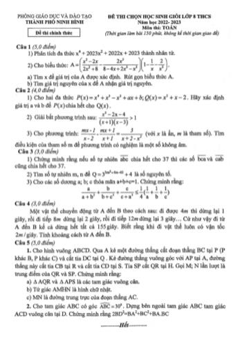 Đề thi chọn học sinh giỏi Toán Lớp 8 THCS - Năm học 2022-2023 - Phòng GD&ĐT Ninh Bình