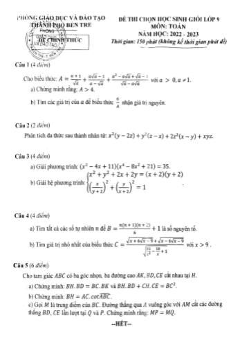 Đề thi chọn học sinh giỏi Toán Lớp 9 - Năm học 2022-2023 - Phòng GD&ĐT Bến Tre