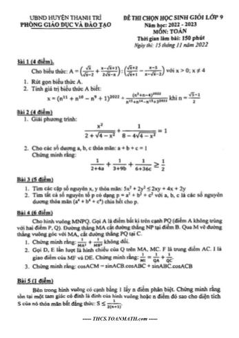 Đề thi chọn học sinh giỏi Toán Lớp 9 - Năm học 2022-2023 - Phòng GD&ĐT Thanh Trì