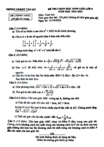 Đề thi chọn học sinh giỏi Toán Lớp 9 - Năm học 2022-2023 - Phòng GD&ĐT Tân Kỳ