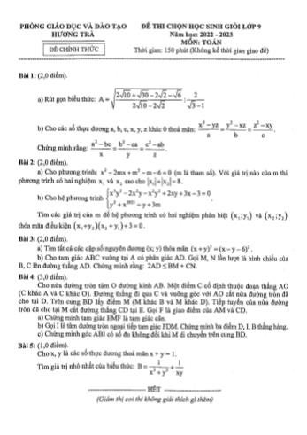 Đề thi chọn học sinh giỏi Toán Lớp 9 - Năm học 2022-2023 - Phòng GD&ĐT Hương Trà