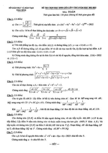 Đề thi chọn học sinh giỏi Toán Lớp 9 - Năm học 2022-2023 - Sở GD&ĐT Thái Bình
