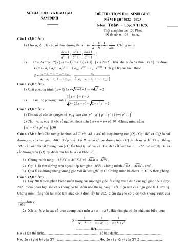 Đề thi chọn học sinh giỏi Toán Lớp 9 - Năm học 2022-2023 - Sở GD&ĐT Nam Định (Có đáp án)