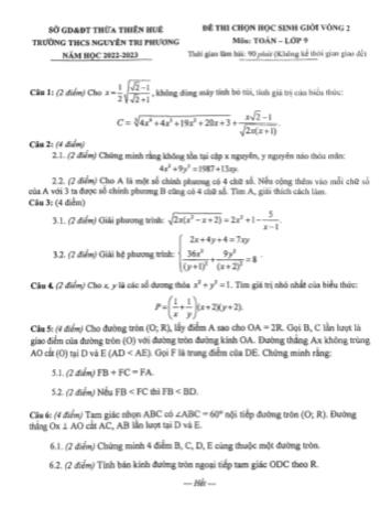 Đề thi chọn học sinh giỏi Toán Lớp 9 (Vòng 2) - Năm học 2022-2023 - Trường THCS Nguyễn Tri Phương