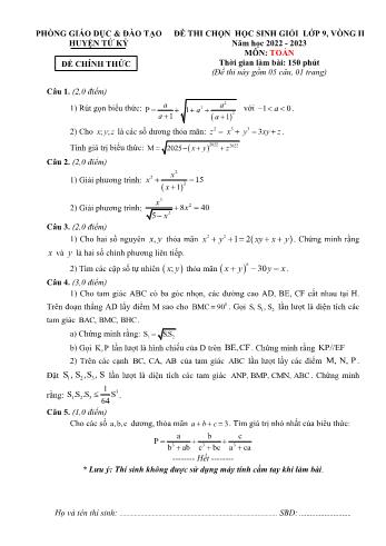 Đề thi chọn học sinh giỏi Toán Lớp 9 (Vòng 2) - Năm học 2022-2023 - Phòng GD&ĐT Tứ Kỳ (Có hướng dẫn chấm)