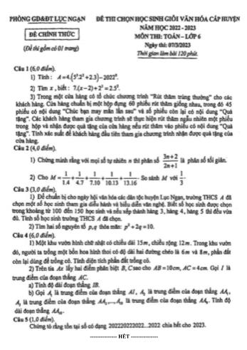 Đề thi chọn học sinh giỏi văn hóa cấp huyện Toán Lớp 6 - Năm học 2022-2023 - Phòng GD&ĐT Lục Ngạn