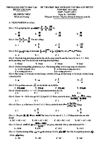 Đề thi chọn học sinh giỏi văn hóa cấp huyện Toán Lớp 7 - Năm học 2022-2023 - Phòng GD&ĐT Lục Nam (Có đáp án)