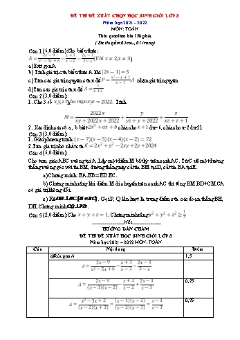 Đề thi đề xuất chọn học sinh giỏi Toán Lớp 8 - Năm học 2021-2022 (Có hướng dẫn chấm)