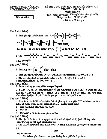 Đề thi giao lưu học sinh giỏi Toán Lớp 7 - Năm học 2022-2023 - Trường THCS Vĩnh Lộc (Có hướng dẫn chấm)