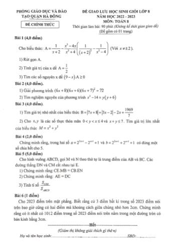 Đề thi giao lưu học sinh giỏi Toán Lớp 8 - Năm học 2022-2023 - Phòng GD&ĐT Hà Đông
