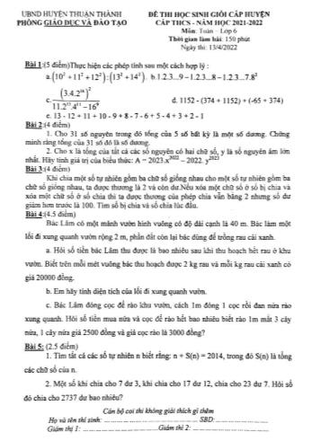 Đề thi học sinh giỏi cấp huyện Toán Lớp 6 - Năm học 2021-2022 - Phòng GD&ĐT Thuận Thành