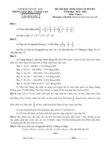Đề thi học sinh giỏi cấp huyện Toán Lớp 6 - Năm học 2022-2023 - Phòng GD&ĐT Kỳ Anh (Có hướng dẫn chấm)