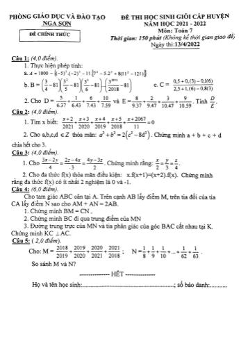 Đề thi học sinh giỏi cấp huyện Toán Lớp 7 - Năm học 2021-2022 - Phòng GD&ĐT Nga Sơn