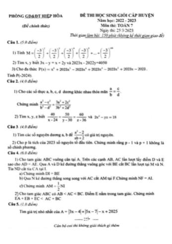 Đề thi học sinh giỏi cấp huyện Toán Lớp 7 - Năm học 2022-2023 - Phòng GD&ĐT Hiệp Hòa