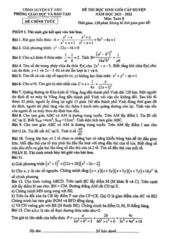 Đề thi học sinh giỏi cấp huyện Toán Lớp 8 - Năm học 2021-2022 - Phòng GD&ĐT Kỳ Anh
