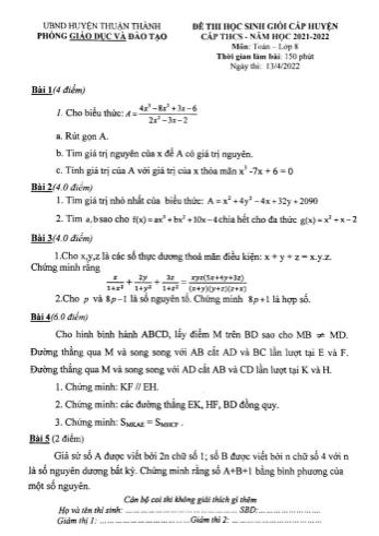 Đề thi học sinh giỏi cấp huyện Toán Lớp 8 - Năm học 2021-2022 - Phòng GD&ĐT Thuận Thành
