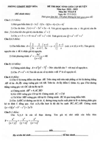 Đề thi học sinh giỏi cấp huyện Toán Lớp 8 - Năm học 2022-2023 - Phòng GD&ĐT Hiệp Hòa