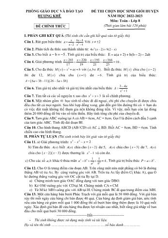 Đề thi học sinh giỏi cấp huyện Toán Lớp 8 - Năm học 2022-2023 - Phòng GD&ĐT Hương Khê (Có hướng dẫn chấm)