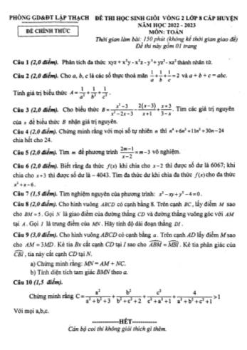 Đề thi học sinh giỏi cấp huyện Toán Lớp 8 (Vòng 2) - Năm học 2022-2023 - Phòng GD&ĐT Lập Thạch