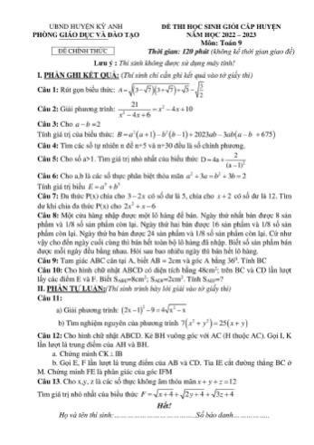 Đề thi học sinh giỏi cấp huyện Toán Lớp 9 - Năm học 2022-2023 - Phòng GD&ĐT Kỳ Anh (Có hướng dẫn chấm)