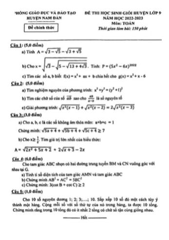Đề thi học sinh giỏi cấp huyện Toán Lớp 9 - Năm học 2022-2023 - Phòng GD&ĐT Nam Đàn