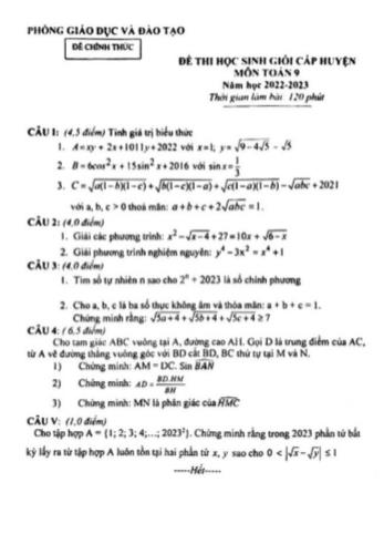 Đề thi học sinh giỏi cấp huyện Toán Lớp 9 - Năm học 2022-2023 - Phòng GD&ĐT Thanh Chương