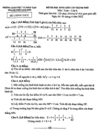 Đề thi học sinh giỏi cấp Thành phố Toán Lớp 6 - Năm học 2022-2023 - Phòng GD&ĐT Sầm Sơn