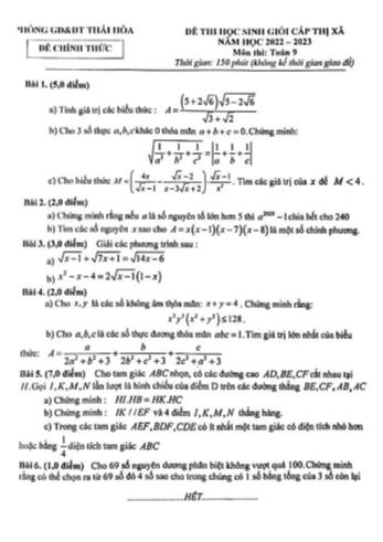 Đề thi học sinh giỏi cấp Thị xã Toán Lớp 9 - Năm học 2022-2023 - Phòng GD&ĐT Thái Hòa