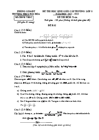 Đề thi học sinh giỏi cấp trường Toán Lớp 8 - Năm học 2022-2023 - Trường THCS Hải Hòa (Có hướng dẫn chấm)