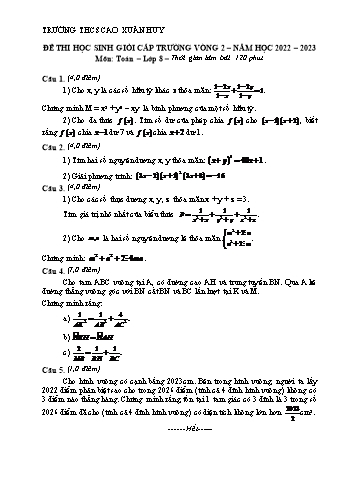 Đề thi học sinh giỏi cấp trường Toán Lớp 8 (Vòng 2) - Năm học 2022-2023 - Trường THCS Cao Xuân Huy (Có đáp án)