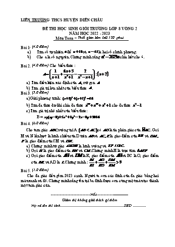 Đề thi học sinh giỏi cấp trường Toán Lớp 8 (Vòng 2) - Năm học 2022-2023 - Trường THCS huyện Diễn Châu (Có hướng dẫn chấm)