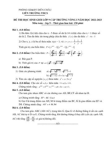 Đề thi học sinh giỏi cấp trường Toán Lớp 9 (Vòng 1) - Năm học 2022-2023 - Phòng GD&ĐT Diễn Châu