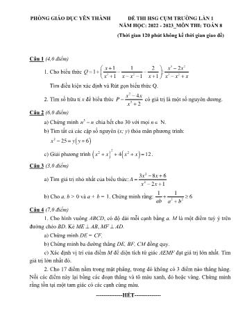 Đề thi học sinh giỏi cụm trường Toán Lớp 8 (Lần 1) - Năm học 2022-2023 - Phòng GD&ĐT Yên Thành (Có hướng dẫn chấm)