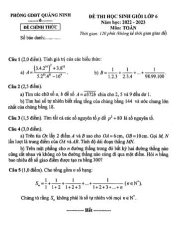 Đề thi học sinh giỏi Toán Lớp 6 - Năm học 2022-2023 - Phòng GD&ĐT Quảng Ninh