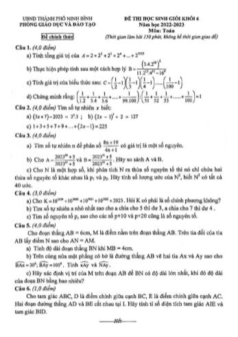 Đề thi học sinh giỏi Toán Lớp 6 - Năm học 2022-2023 - Phòng GD&ĐT Ninh Bình