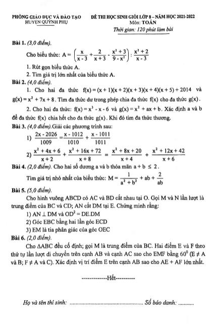Đề thi học sinh giỏi Toán Lớp 8 - Năm học 2021-2022 - Phòng GD&ĐT Quỳnh Phụ