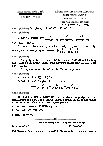 Đề thi học sinh giỏi Toán Lớp 8 THCS - Năm học 2022-2023 - Phòng GD&ĐT Đông Hà (Có hướng dẫn chấm)