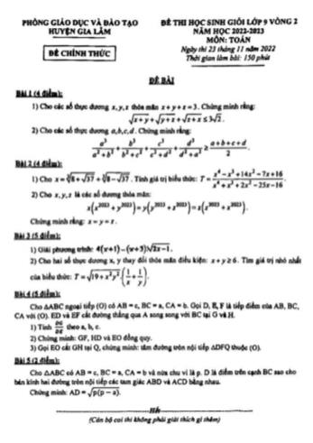 Đề thi học sinh giỏi Toán Lớp 9 (Vòng 2) - Năm học 2022-2023 - Phòng GD&ĐT Gia Lâm