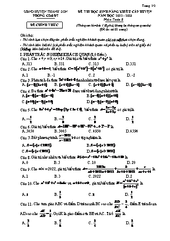 Đề thi học sinh năng khiếu cấp huyện Toán Lớp 8 - Năm học 2022-2023 - Phòng GD&ĐT Thanh Sơn (Có hướng dẫn chấm)