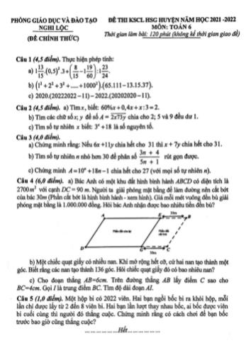 Đề thi khảo sát chất lượng học sinh giỏi cấp huyện Toán Lớp 6 - Năm học 2021-2022 - Phòng GD&ĐT Nghi Lộc