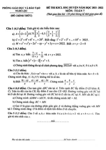 Đề thi khảo sát chất lượng học sinh giỏi cấp huyện Toán Lớp 7 - Năm học 2021-2022 - Phòng GD&ĐT Nghi Lộc