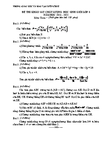Đề thi khảo sát chất lượng học sinh giỏi Toán Khối 8 - Năm học 2021-2022 - Phòng GD&ĐT Diễn Châu (Có hướng dẫn chấm)