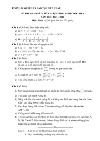 Đề thi khảo sát chất lượng học sinh giỏi Toán Lớp 6 - Năm học 2021-2022 - Phòng GD&ĐT Diễn Châu (Có đáp án và biểu điểm)