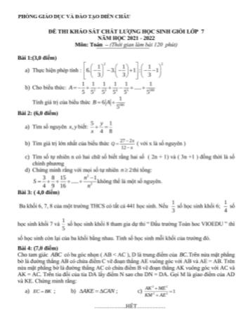 Đề thi khảo sát chất lượng học sinh giỏi Toán Lớp 7 - Năm học 2021-2022 - Phòng GD&ĐT Diễn Châu (Có đáp án)